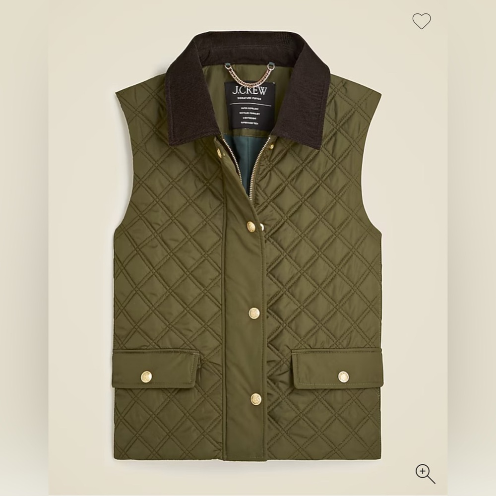 NWT J. Crew Barn Quilted Puffer Vest Olive Green/Brown Size Small